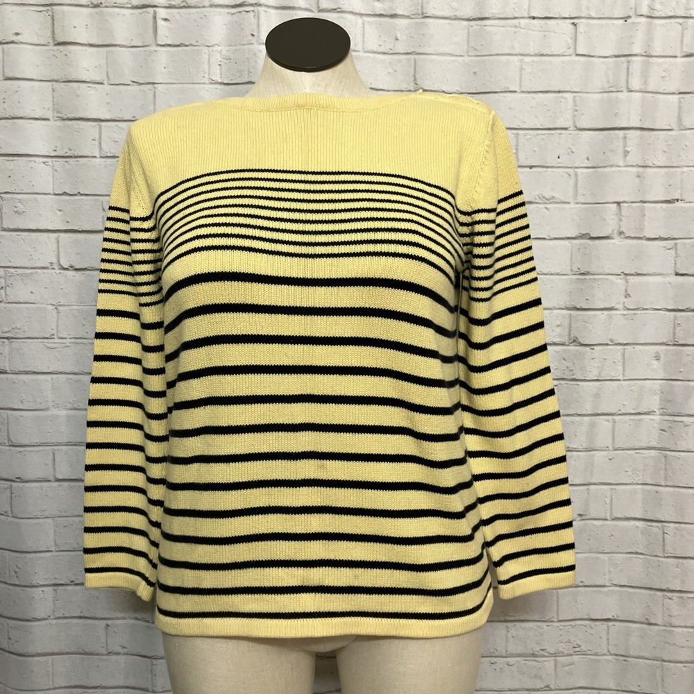Karen Scott Nautical Sweater Womens Large Yellow Blue Boat Neck Tie Shoulder